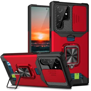 Funda protectora resistente con cubierta deslizante para camara tarjetero y anillo soporte rojo
