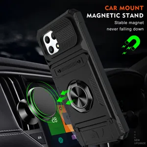 Funda de teléfono resistente con protección de cámara y anillo soporte para auto.