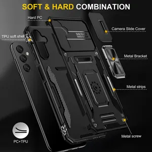 Fundas protectora robusta para Samsung con cubierta de cámara deslizante y soporte metálico.