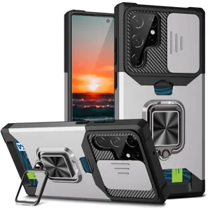 Funda protectora para Samsung con tarjetero cubierta de cámara deslizante y soporte de anillo