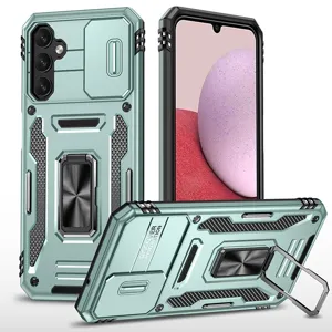 Funda protectora resistente con soporte de anillo y cubierta de cámara deslizante.