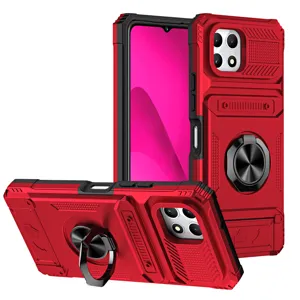 Funda de teléfono roja resistente con soporte de anillo metálico y ranura para tarjeta de protección.