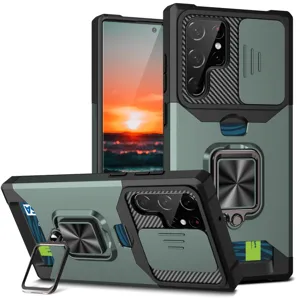 Funda protectora resistente con cubierta de cámara deslizante tarjetero y soporte.