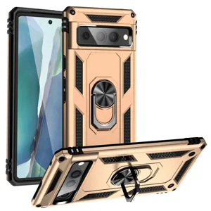 Detalle de funda resistente con soporte de anillo metálico y protección para Google Pixel.