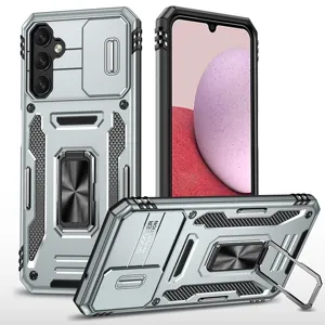 Funda protectora resistente con cubierta deslizable para cámara y soporte de anillo.