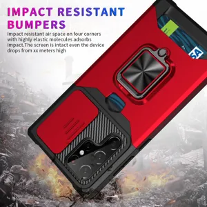 Funda para Samsung S25 Ultra con cubierta de cámara deslizante, soporte de anillo y tarjetero.