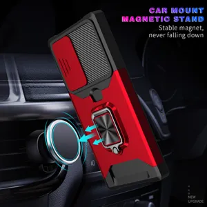 Funda de teléfono resistente en rojo y negro con cubierta de cámara deslizante y soporte.