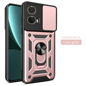 Ανθεκτική θήκη για Moto G85 5G με κάλυμμα κάμερας, βάση δαχτυλιδιού και ροζ χρυσό φινίρισμα.