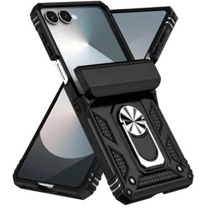 Rugged armor protective case with ring stand and hinge coverage for foldable phones.