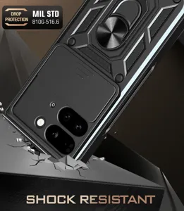 Vista detallada de la funda protectora antichoque resistente con anillo soporte para plegable.