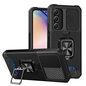 Funda de teléfono resistente con cubierta de cámara deslizante tarjetero y soporte de anillo