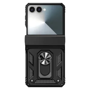 Rugged folding phone case with metal ring holder and hinge protection, detailed view.