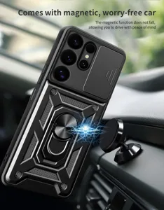 Ανθεκτική θήκη για Samsung S25 Ultra με κάλυμμα κάμερας και μαγνητική βάση δαχτυλιδιού.