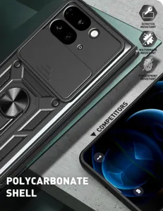 Vista detallada de la funda de teléfono robusta con deslizador de cámara y soporte para plegable.