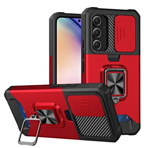 Fundas protectora robusta para Samsung con cubierta de cámara deslizante y soporte de anillo.