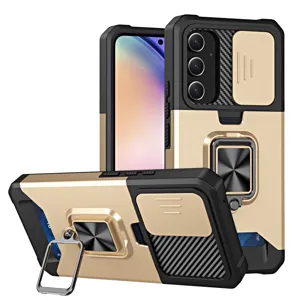 Vista detallada de la funda protectora con cubierta deslizante para cámara, ranura y anillo.