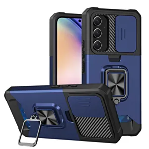 Funda para celular multifuncional con protector de cámara deslizante, tarjetero y anillo.