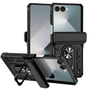 Heavy-duty rugged armor phone case with ring stand and belt clip holster for folding phones.