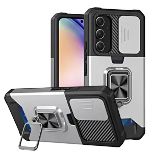 Funda protectora resistente para Samsung con cubierta de cámara deslizante y soporte.