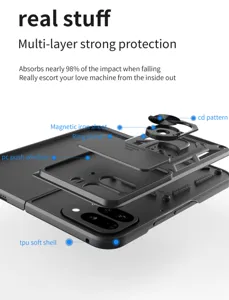 Vista detallada de la funda plegable con ventana protectora, soporte de anillo e imán.