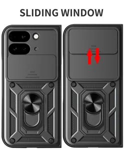 Vista detallada funda de teléfono con cubierta de cámara deslizante, antigolpes con anillo.