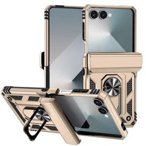 Rugged folding phone case with ring stand hinge protection gold armor cover detailed view