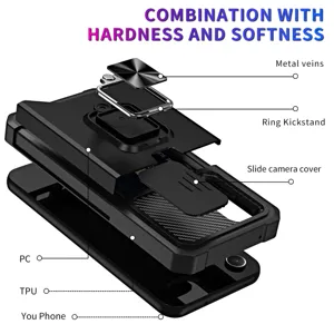 Vista detallada de funda resistente con capas de TPU y PC, soporte de anillo y tapa de cámara.