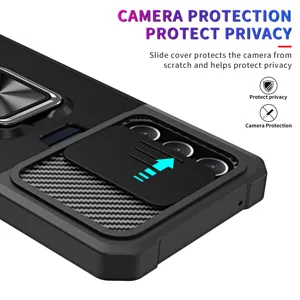 Funda de teléfono con cubierta de cámara deslizante y soporte de anillo detalle de protección.