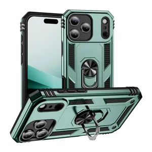 Rugged armor phone case with ring stand, heavy duty drop protection for iPhone 16 Pro Max.