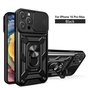 Funda protectora robusta para iPhone 16 Pro Max con cubierta de cámara y anillo Negro