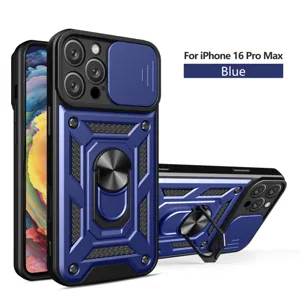 Funda antichoque para iPhone 16 Pro Max con cubierta de cámara y soporte de anillo azul
