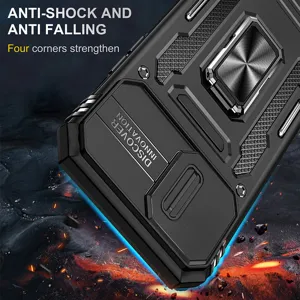 Rugged protective phone case with camera slide cover and ring holder for ultimate drop protection.