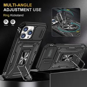 Rugged phone case for iPhone with 360 degree ring kickstand and camera cover armor design