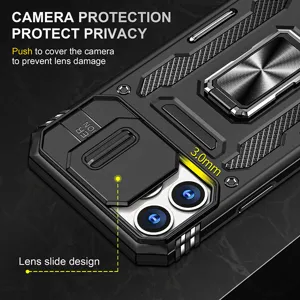 Rugged phone case detail featuring camera slide cover protection and ring kickstand design.