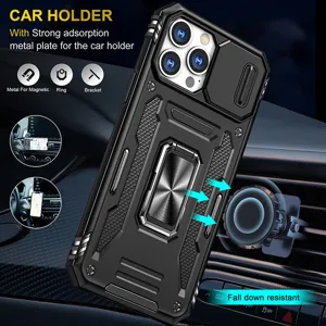 Rugged phone case for iPhone with magnetic car mount ring bracket and camera slide cover.