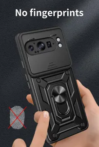 Θήκη προστασίας για Google Pixel 9 Pro με συρόμενο κάλυμμα κάμερας και μεταλλική βάση δαχτυλίδι.