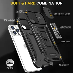 Detailed view of rugged phone case exploded components with camera slide cover and metal bracket.