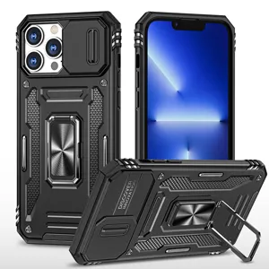 Rugged armor phone case with camera slide cover and metal ring kickstand for ultimate protection