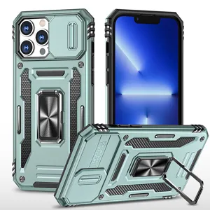 Rugged phone case with camera slide cover and ring kickstand for iPhone 17 Pro Max green