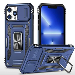 Rugged protective phone case with metal ring stand and sliding camera cover for iPhone.