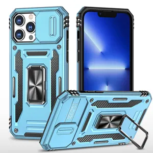 Blue rugged protective phone case with camera slide cover and metal ring stand for iPhone.