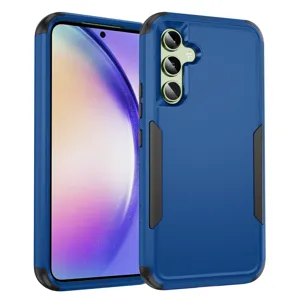 Vista detallada de una funda protectora de doble capa robusta con recortes precisos en azul.