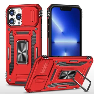 Red heavy duty phone case with camera slide cover and metal ring kickstand detail view.