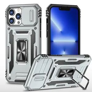 Rugged phone case with camera cover ring stand heavy duty protective cover for iphone silver