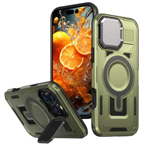 Funda protectora resistente con deslizador de cámara, anillo magnético MagSafe y soporte.