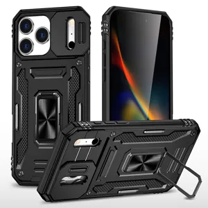 Rugged Anti Drop Protective Phone Case With Ring Kickstand Camera Slide Cover Heavy Duty Shockproof Shell For Apple iPhone
