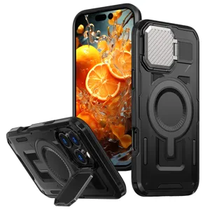 Funda protectora robusta con cubierta de cámara deslizante y soporte magnético para smartphone.