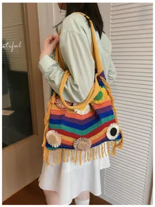 Bolso de hombro de punto colorido para mujer, amplio bolso de ganchillo con flecos florales.