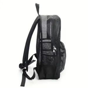 Side view of black mesh backpack showing breathable material, large capacity, and durable zippers.