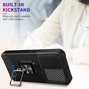 Funda protectora negra para teléfono con cubierta de cámara y soporte de anillo giratorio.